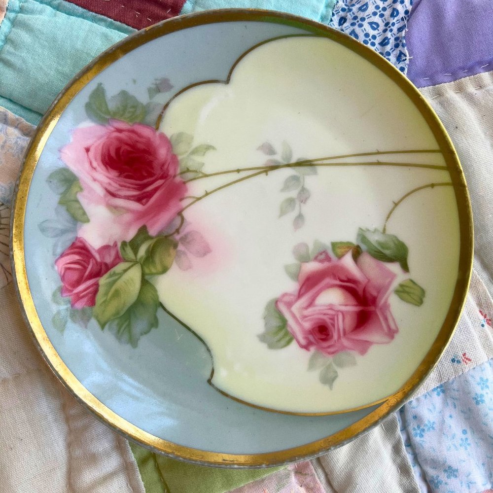 VINTAGE ZS & C BAVARIA ROYAL MUNICH PORCELAIN PLATE PINK ROSES GOLD TRIM
